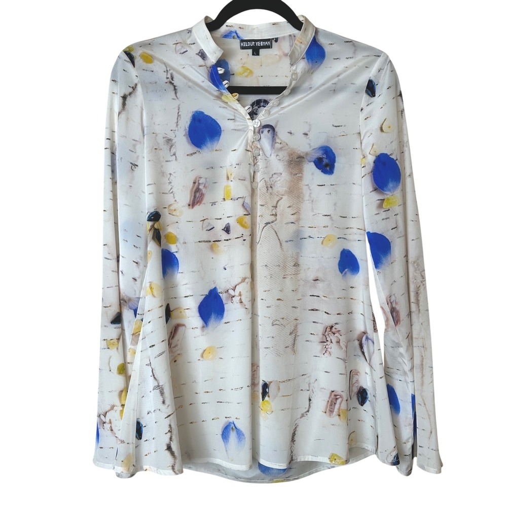 Hildur Yeoman Silk Top Women L Abstract Bell Sleeve Artsy Boho Chic Resort